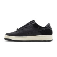 BAPE Bapesta Low Suede Heel Black 001FWG701042X-BLK | ミニマルなオールブラックレザー＆スエードロートップスニーカー