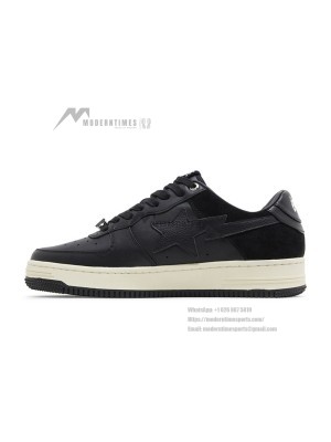 BAPE Bapesta Low Suede Heel Black 001FWG701042X-BLK | Minimalist All-Black Leather and Suede Low-Top Sneakers