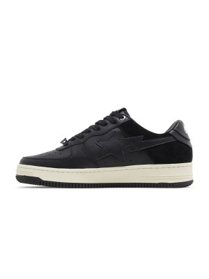 BAPE Bapesta Low Suede Heel Black 001FWG701042X-BLK | ミニマルなオールブラックレザー＆スエードロートップスニーカー