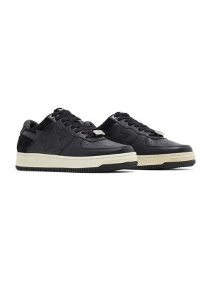 BAPE Bapesta Low Suede Heel Black 001FWG701042X-BLK | Minimalist All-Black Leather and Suede Low-Top Sneakers