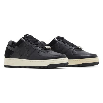 BAPE Bapesta Low Suede Heel Black 001FWG701042X-BLK | Minimalistische Schwarze Leder- und Wildleder-Low-Top-Sneaker