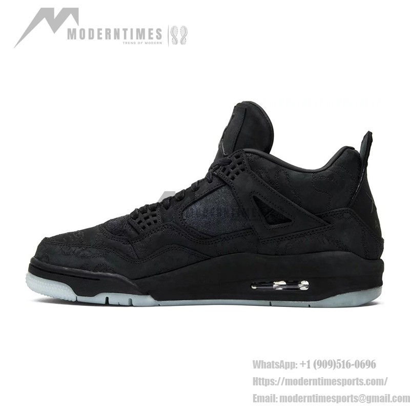 Side view of the KAWS x Air Jordan 4 Retro "Black" 930155-001 sneaker in all-black with premium materials