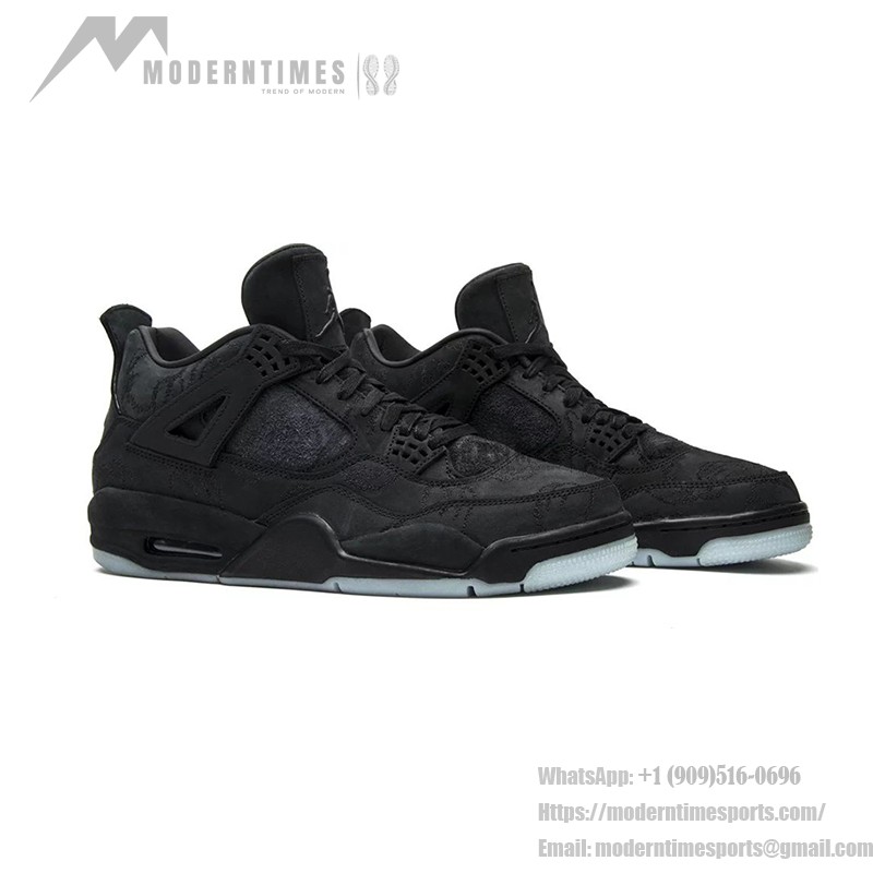 Side view of the KAWS x Air Jordan 4 Retro "Black" 930155-001 sneaker in all-black with premium materials