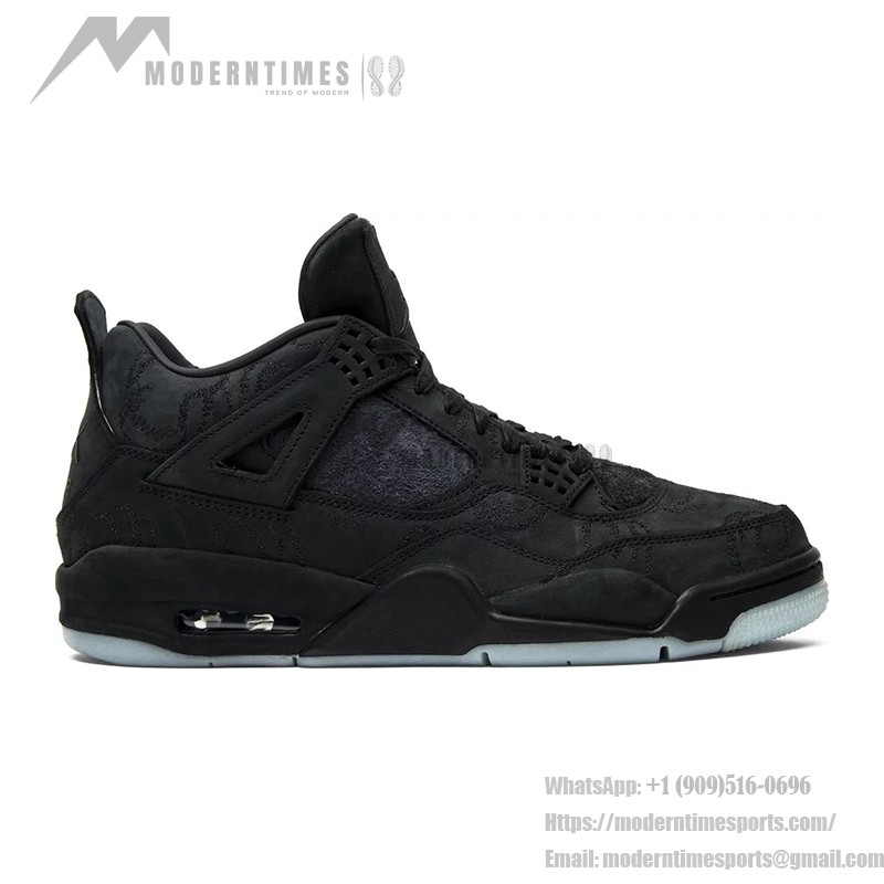 Side view of the KAWS x Air Jordan 4 Retro "Black" 930155-001 sneaker in all-black with premium materials