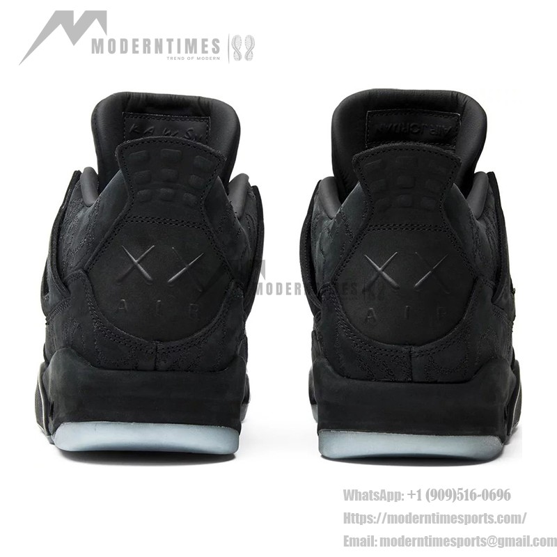 Side view of the KAWS x Air Jordan 4 Retro "Black" 930155-001 sneaker in all-black with premium materials