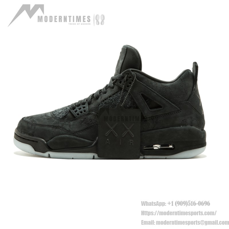 Side view of the KAWS x Air Jordan 4 Retro "Black" 930155-001 sneaker in all-black with premium materials