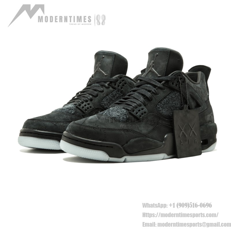 Side view of the KAWS x Air Jordan 4 Retro "Black" 930155-001 sneaker in all-black with premium materials