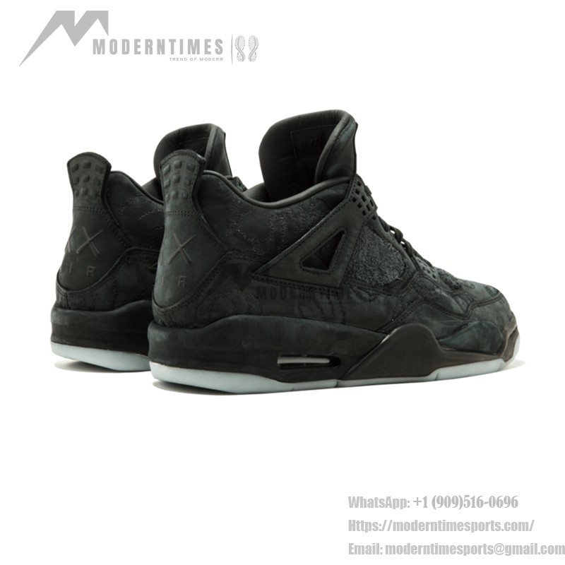 Side view of the KAWS x Air Jordan 4 Retro "Black" 930155-001 sneaker in all-black with premium materials