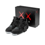 Side view of the KAWS x Air Jordan 4 Retro "Black" 930155-001 sneaker in all-black with premium materials