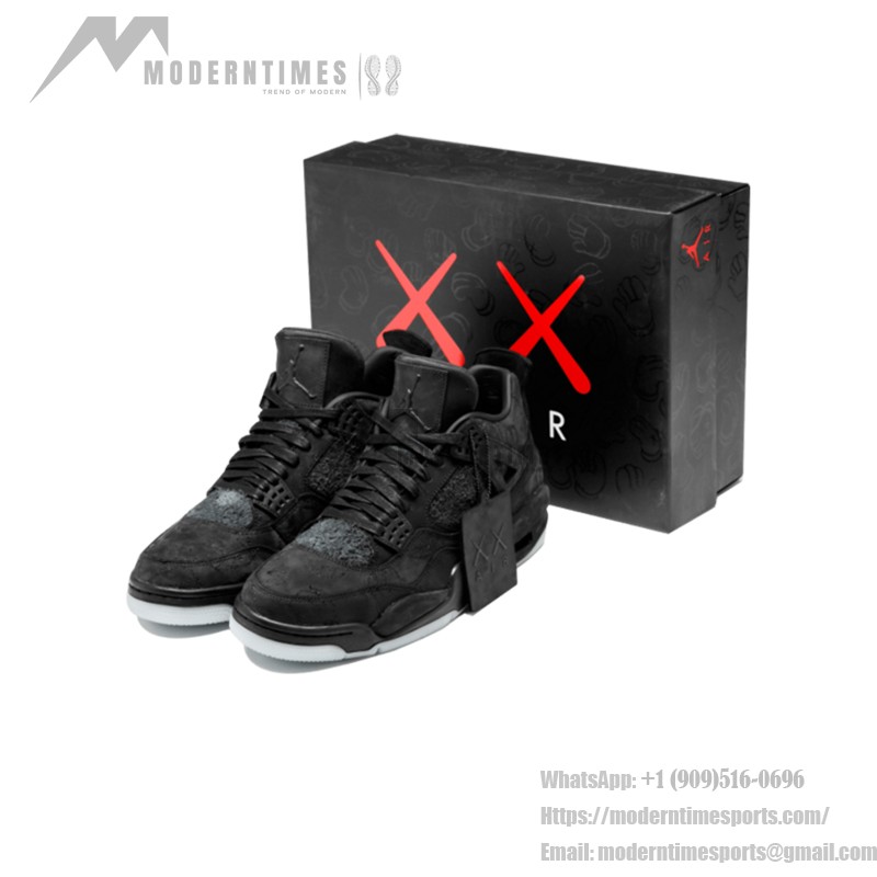 Side view of the KAWS x Air Jordan 4 Retro "Black" 930155-001 sneaker in all-black with premium materials