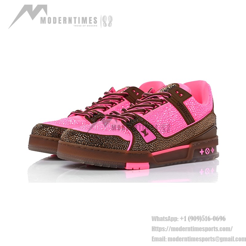 Louis Vuitton 1A8Z5G Herren LV Trainer Sneaker mit Kristallverzierungen in Pink und Braun