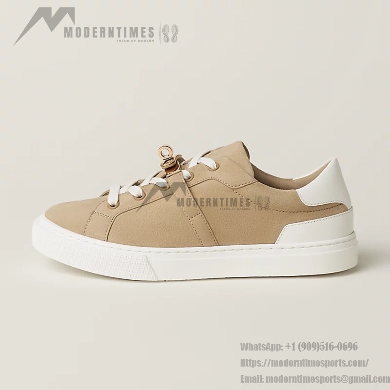 Hermes H232176Z 90350 Beige & White Sneakers – Iconic Design and Craftsmanship Hermes Mens Sneaker H232176Z 90350 in Beige and White – Front View of Luxury Sneakers with Contrasting Stripes
