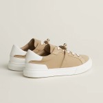 Hermes H232176Z 90350 Beige & White Sneakers – Iconic Design and Craftsmanship Hermes Mens Sneaker H232176Z 90350 in Beige and White – Front View of Luxury Sneakers with Contrasting Stripes