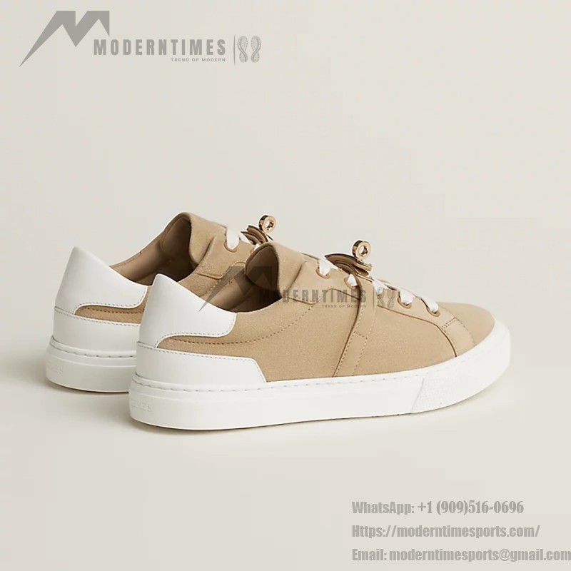 Hermes H232176Z 90350 Beige & White Sneakers – Iconic Design and Craftsmanship Hermes Mens Sneaker H232176Z 90350 in Beige and White – Front View of Luxury Sneakers with Contrasting Stripes