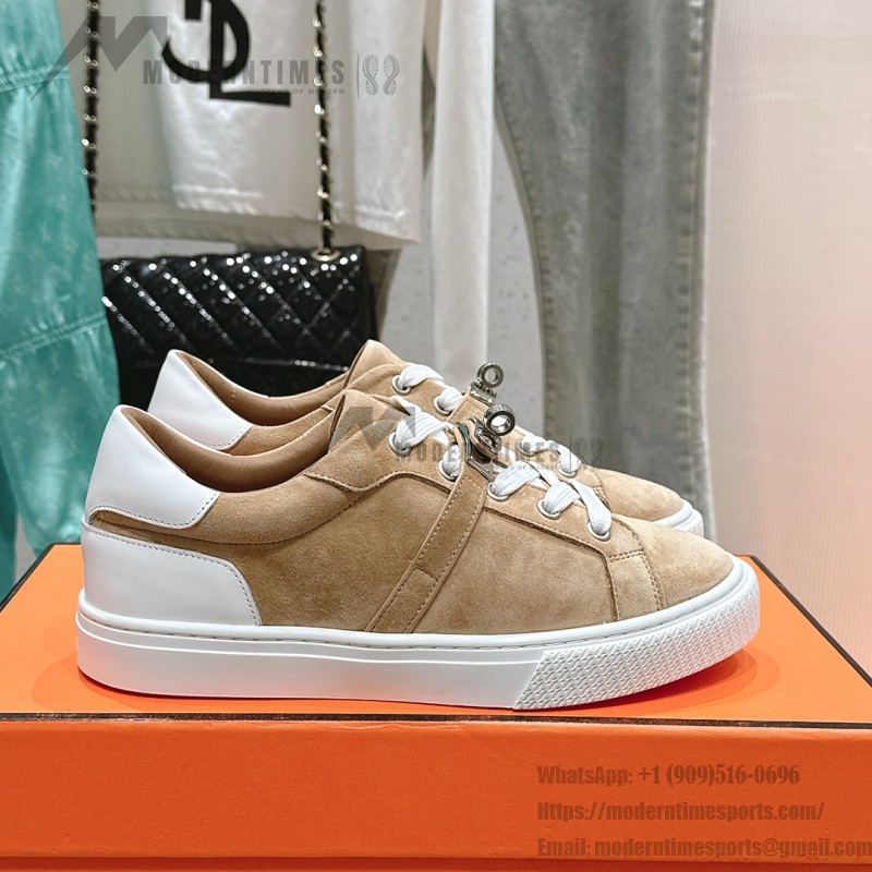 Hermes H232176Z 90350 Beige & White Sneakers – Iconic Design and Craftsmanship Hermes Mens Sneaker H232176Z 90350 in Beige and White – Front View of Luxury Sneakers with Contrasting Stripes