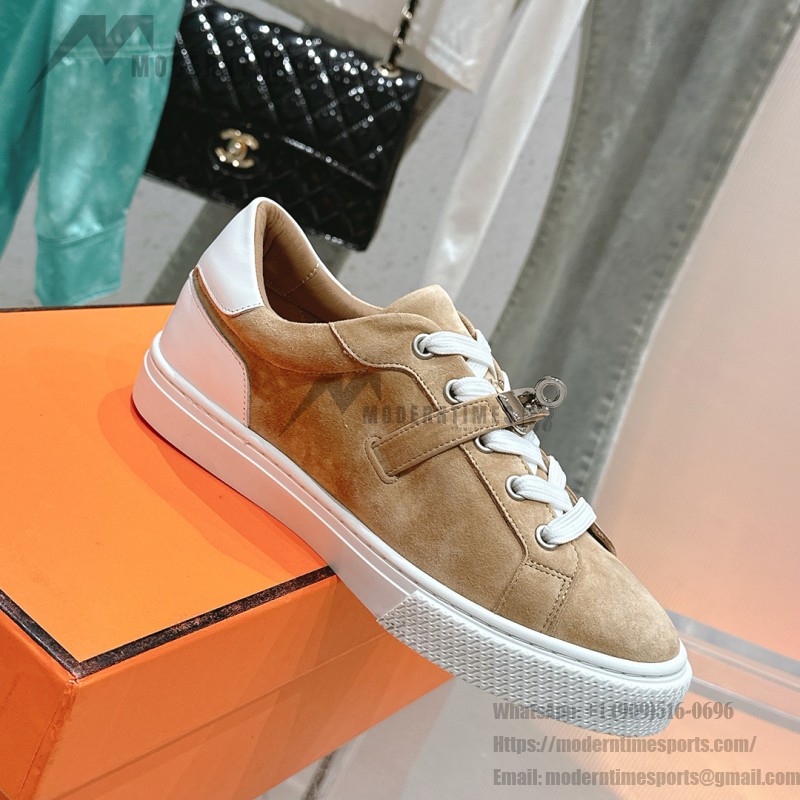 Hermes H232176Z 90350 Beige & White Sneakers – Iconic Design and Craftsmanship Hermes Mens Sneaker H232176Z 90350 in Beige and White – Front View of Luxury Sneakers with Contrasting Stripes
