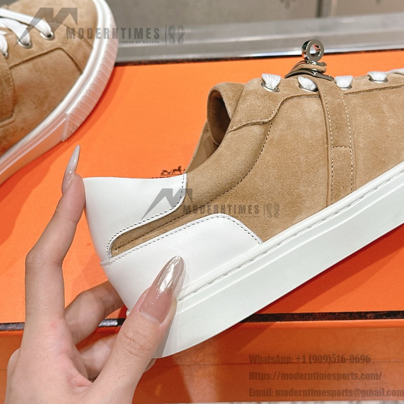 Hermes H232176Z 90350 Beige & White Sneakers – Iconic Design and Craftsmanship Hermes Mens Sneaker H232176Z 90350 in Beige and White – Front View of Luxury Sneakers with Contrasting Stripes