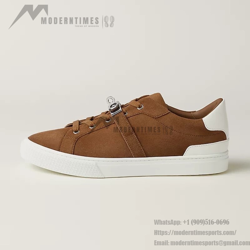 Hermes H232176Z 90350 Brown & White Sneakers – Iconic Design and Premium Craftsmanship Hermes Mens Sneaker H232176Z 90350 in Brown and White – Front View of Luxury Sneakers with Contrasting Stripes