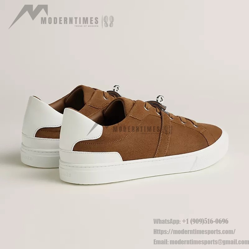 Hermes H232176Z 90350 Brown & White Sneakers – Iconic Design and Premium Craftsmanship Hermes Mens Sneaker H232176Z 90350 in Brown and White – Front View of Luxury Sneakers with Contrasting Stripes