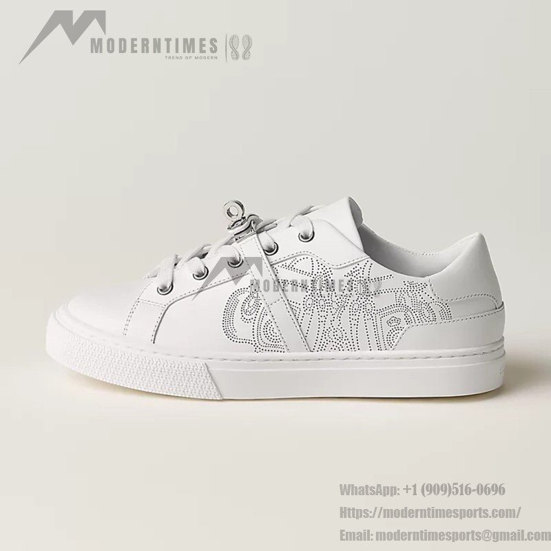 Hermes H232176Z 90350 White Sneakers – Iconic Perforated Design and Premium Craftsmanship Hermes Mens Sneaker H232176Z 90350 in White – Front View of Luxurious All-White Sneakers with Iconic Perforations