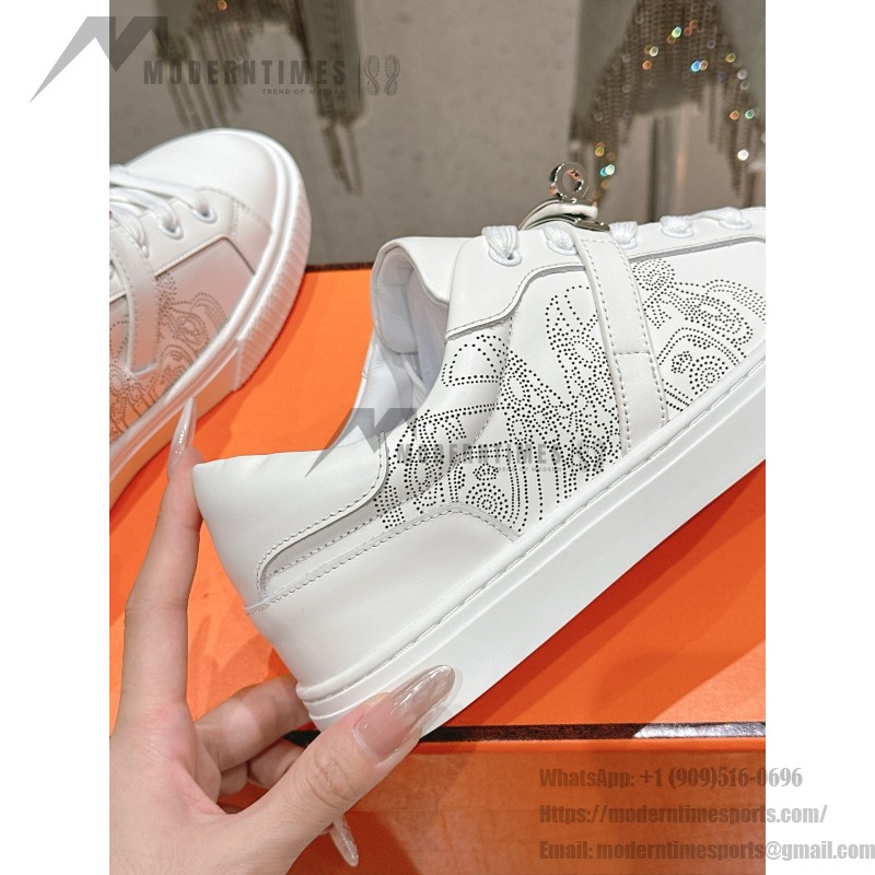 Hermes H232176Z 90350 White Sneakers – Iconic Perforated Design and Premium Craftsmanship Hermes Mens Sneaker H232176Z 90350 in White – Front View of Luxurious All-White Sneakers with Iconic Perforations