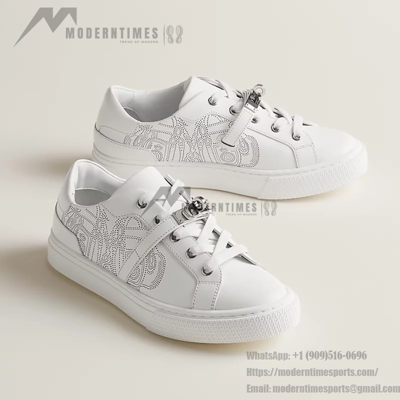 Hermes H232176Z 90350 White Sneakers – Iconic Perforated Design and Premium Craftsmanship Hermes Mens Sneaker H232176Z 90350 in White – Front View of Luxurious All-White Sneakers with Iconic Perforations
