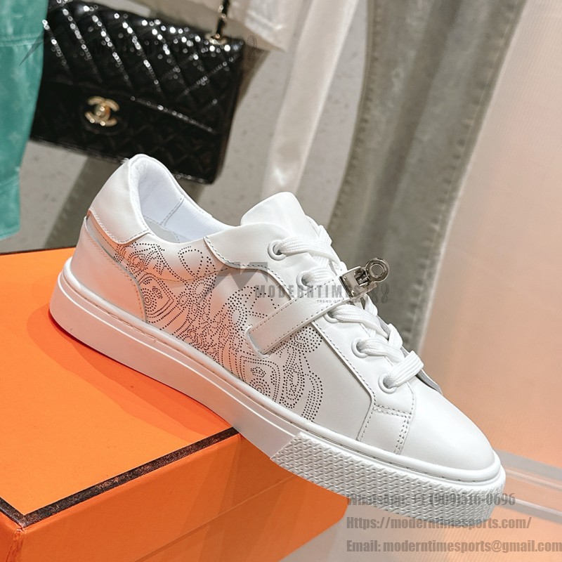 Hermes H232176Z 90350 White Sneakers – Iconic Perforated Design and Premium Craftsmanship Hermes Mens Sneaker H232176Z 90350 in White – Front View of Luxurious All-White Sneakers with Iconic Perforations