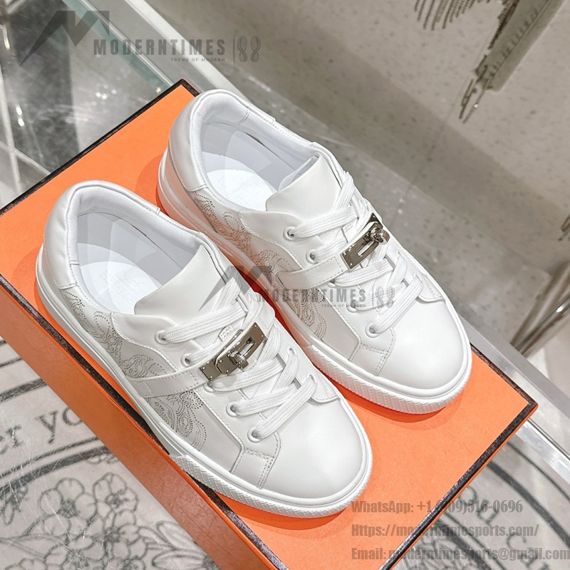Hermes H232176Z 90350 White Sneakers – Iconic Perforated Design and Premium Craftsmanship Hermes Mens Sneaker H232176Z 90350 in White – Front View of Luxurious All-White Sneakers with Iconic Perforations