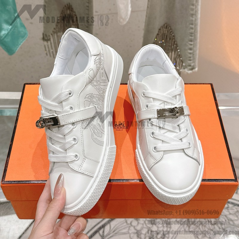 Hermes H232176Z 90350 White Sneakers – Iconic Perforated Design and Premium Craftsmanship Hermes Mens Sneaker H232176Z 90350 in White – Front View of Luxurious All-White Sneakers with Iconic Perforations