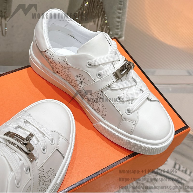 Hermes H232176Z 90350 White Sneakers – Iconic Perforated Design and Premium Craftsmanship Hermes Mens Sneaker H232176Z 90350 in White – Front View of Luxurious All-White Sneakers with Iconic Perforations