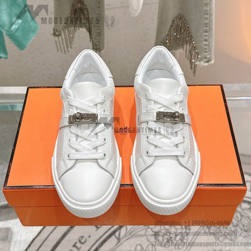 Hermes H232176Z 90350 Beige & White Sneakers – Iconic Design and Craftsmanship Hermes Mens Sneaker H232176Z 90350 in Beige and White – Front View of Luxury Sneakers with Contrasting Stripes