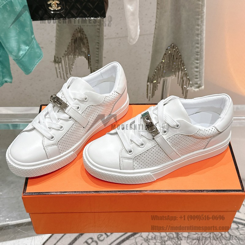 Hermes H232176Z 90350 Beige & White Sneakers – Iconic Design and Craftsmanship Hermes Mens Sneaker H232176Z 90350 in Beige and White – Front View of Luxury Sneakers with Contrasting Stripes