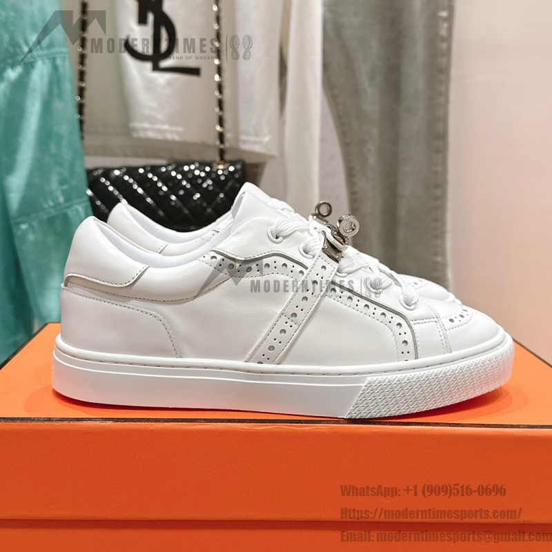 Hermes H232176Z 90350 Beige & White Sneakers – Iconic Design and Craftsmanship Hermes Mens Sneaker H232176Z 90350 in Beige and White – Front View of Luxury Sneakers with Contrasting Stripes