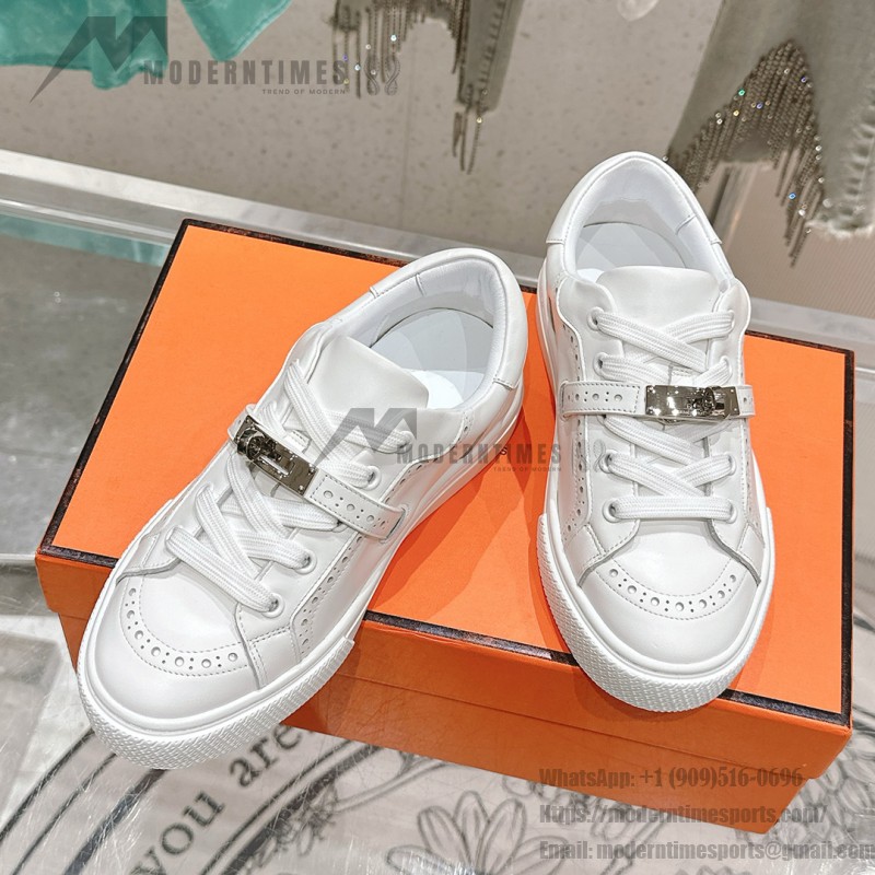 Hermes H232176Z 90350 Beige & White Sneakers – Iconic Design and Craftsmanship Hermes Mens Sneaker H232176Z 90350 in Beige and White – Front View of Luxury Sneakers with Contrasting Stripes