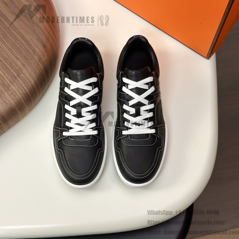 Hermes H242933Z H69440 Grey & Brown Sneakers – Side Detail of Stripes Hermes Mens Sneaker H242933Z H69440 in Grey and Brown – Front View of Luxury Sneakers with Iconic Leather Stripes