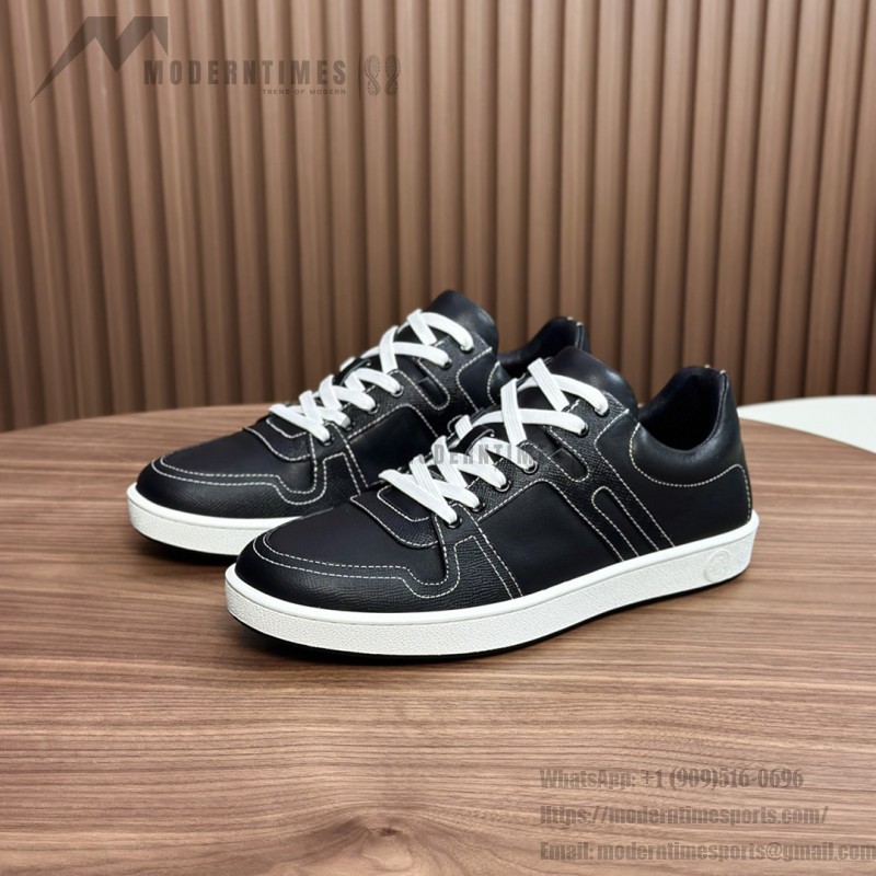 Hermes H242933Z H69440 Grey & Brown Sneakers – Side Detail of Stripes Hermes Mens Sneaker H242933Z H69440 in Grey and Brown – Front View of Luxury Sneakers with Iconic Leather Stripes