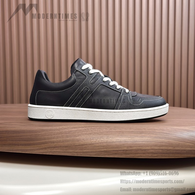 Hermes H242933Z H69440 Grey & Brown Sneakers – Side Detail of Stripes Hermes Mens Sneaker H242933Z H69440 in Grey and Brown – Front View of Luxury Sneakers with Iconic Leather Stripes