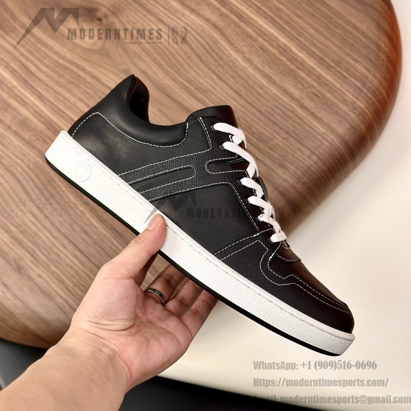 Hermes H242933Z H69440 Grey & Brown Sneakers – Side Detail of Stripes Hermes Mens Sneaker H242933Z H69440 in Grey and Brown – Front View of Luxury Sneakers with Iconic Leather Stripes