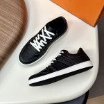 Hermes H242933Z H69440 Grey & Brown Sneakers – Side Detail of Stripes Hermes Mens Sneaker H242933Z H69440 in Grey and Brown – Front View of Luxury Sneakers with Iconic Leather Stripes