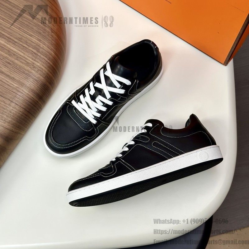 Hermes H242933Z H69440 Grey & Brown Sneakers – Side Detail of Stripes Hermes Mens Sneaker H242933Z H69440 in Grey and Brown – Front View of Luxury Sneakers with Iconic Leather Stripes
