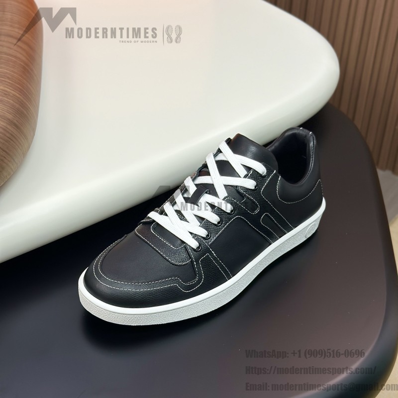 Hermes H242933Z H69440 Grey & Brown Sneakers – Side Detail of Stripes Hermes Mens Sneaker H242933Z H69440 in Grey and Brown – Front View of Luxury Sneakers with Iconic Leather Stripes