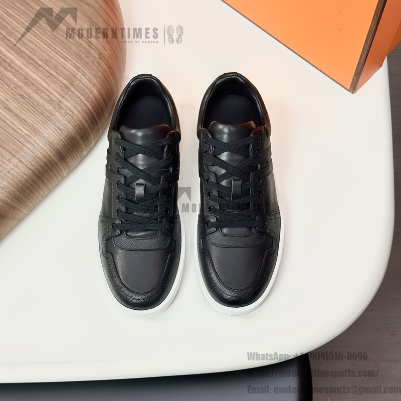 Hermes H242933Z H69440 White & Blue Sneakers – Side Detail of Iconic Stripes Hermes Mens Sneaker H242933Z H69440 in White and Blue – Front View of Luxury Sneakers with Navy Blue Stripes