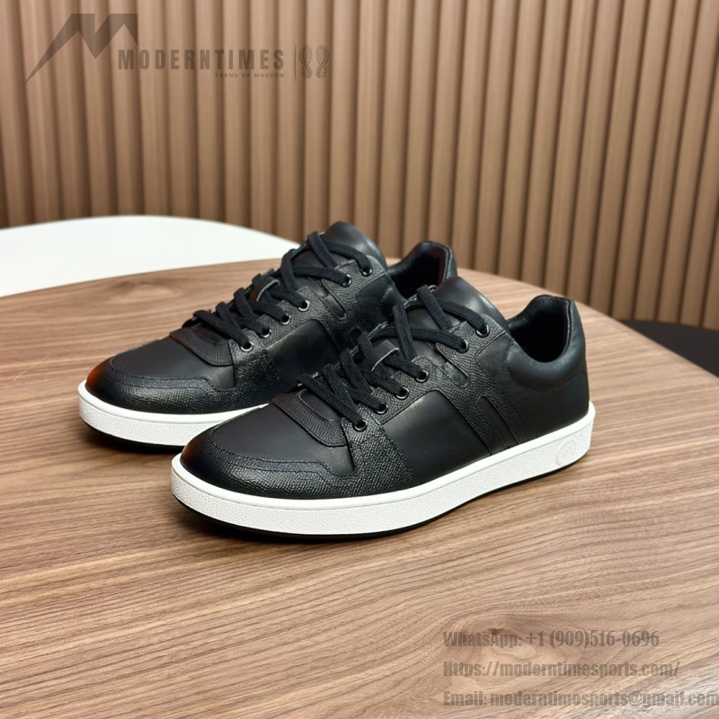 Hermes H242933Z H69440 White & Blue Sneakers – Side Detail of Iconic Stripes Hermes Mens Sneaker H242933Z H69440 in White and Blue – Front View of Luxury Sneakers with Navy Blue Stripes