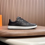 Hermes H242933Z H69440 White & Blue Sneakers – Side Detail of Iconic Stripes Hermes Mens Sneaker H242933Z H69440 in White and Blue – Front View of Luxury Sneakers with Navy Blue Stripes