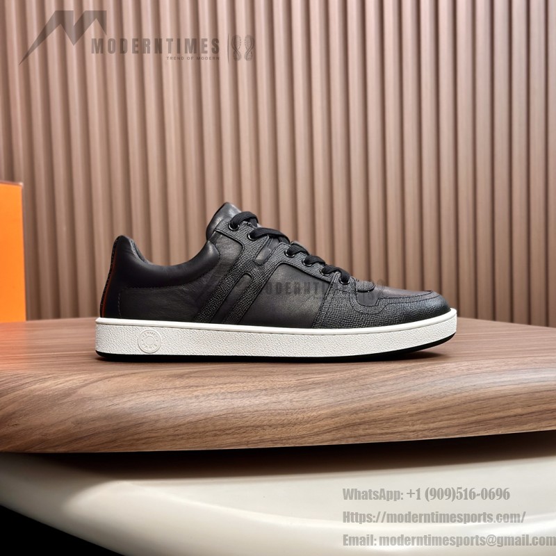 Hermes H242933Z H69440 White & Blue Sneakers – Side Detail of Iconic Stripes Hermes Mens Sneaker H242933Z H69440 in White and Blue – Front View of Luxury Sneakers with Navy Blue Stripes