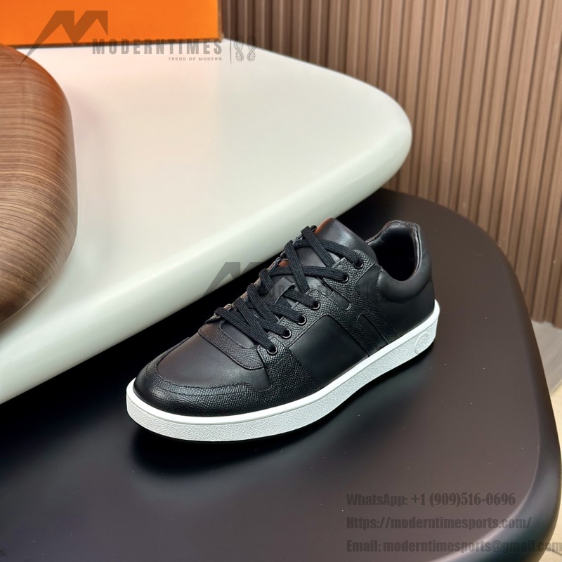 Hermes H242933Z H69440 White & Blue Sneakers – Side Detail of Iconic Stripes Hermes Mens Sneaker H242933Z H69440 in White and Blue – Front View of Luxury Sneakers with Navy Blue Stripes