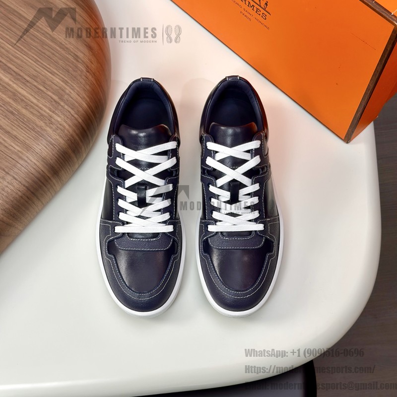 Hermes H242933Z H69440 White & Blue Sneakers – Side Detail of Iconic Stripes Hermes Mens Sneaker H242933Z H69440 in White and Blue – Front View of Luxury Sneakers with Navy Blue Stripes