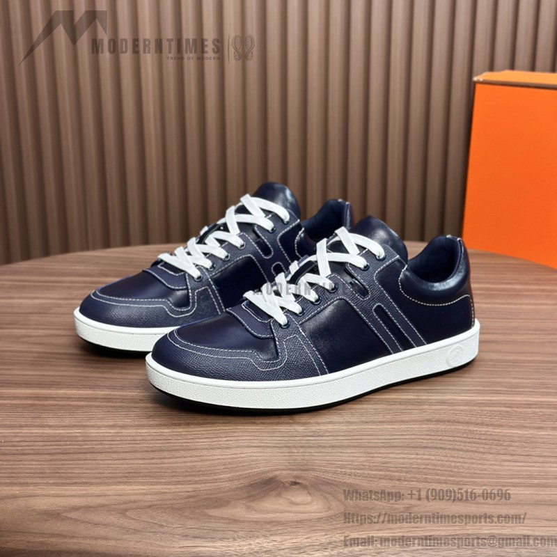 Hermes H242933Z H69440 White & Blue Sneakers – Side Detail of Iconic Stripes Hermes Mens Sneaker H242933Z H69440 in White and Blue – Front View of Luxury Sneakers with Navy Blue Stripes