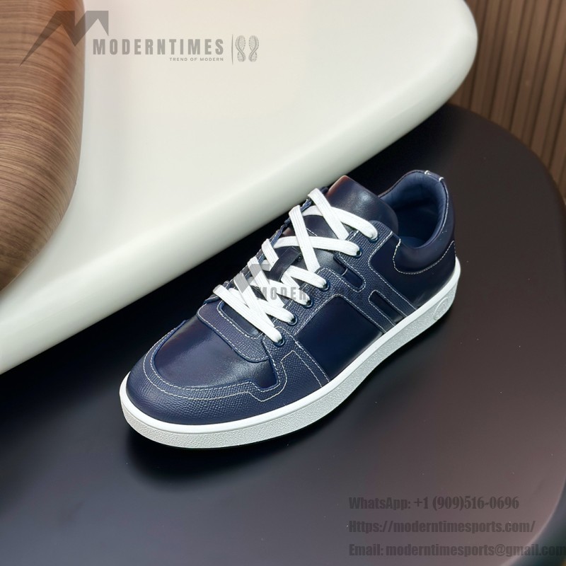 Hermes H242933Z H69440 White & Blue Sneakers – Side Detail of Iconic Stripes Hermes Mens Sneaker H242933Z H69440 in White and Blue – Front View of Luxury Sneakers with Navy Blue Stripes