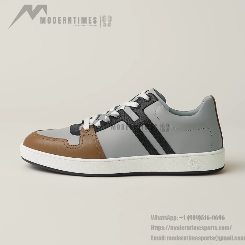 Hermes H242933Z H69440 Grey & Brown Sneakers – Side Detail of Stripes Hermes Mens Sneaker H242933Z H69440 in Grey and Brown – Front View of Luxury Sneakers with Iconic Leather Stripes